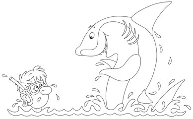 Dangerous adventure of a funny intrepid diver with a mask and a snorkel swimming in a tropical sea near a curious great white shark, black and white outline vector cartoon for a coloring book page