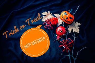 Happy Halloween card idea, Halloween pumpkin and red devil with wool spider on dark background,...