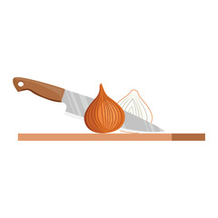 A kitchen knife with a wooden handle cuts an onion in half. The concept of cooking. Vector illustration isolated on a white background for design and web.