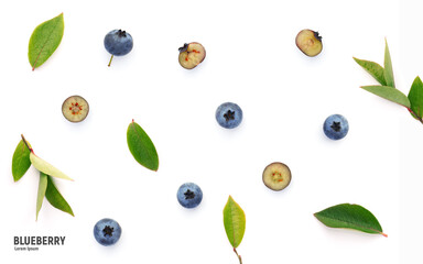 Fresh blueberries with green leaves, isolated on white background. Cut and whole blueberry. Top view.