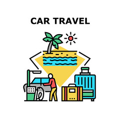 Car Travel Vacation Vector Icon Concept. Car Travel To Seashore Beach With Luggage, Driver Filling Fuel In Automobile On Gas Station. Family Enjoying Trip With Baggage Color Illustration