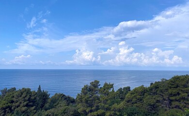 Fototapeta na wymiar Clouds sky over calm blue sea and dense conifer forest of Mediterranean coast at summer season.