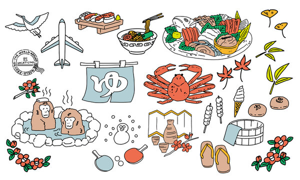 Hot-spring resort motifs vector line illustrations.温泉旅行のモチーフのベクターイラスト素材セット