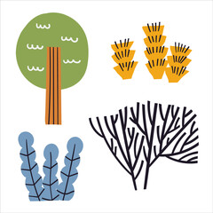 Cute safari nature vector illustration. Cartoon national park plants doodle drawings on white background. Flat wildlife textile vector print design