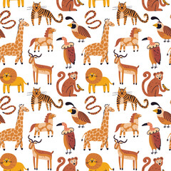 Cute wild animals seamless pattern. Cartoon tiger, monkey, lion, impala, horse, snake, vulture, quail doodle drawings on white background. Flat african animals textile vector print design