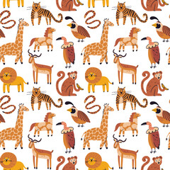 Cute wild animals seamless pattern. Cartoon tiger, monkey, lion, impala, horse, snake, vulture, quail doodle drawings on white background. Flat african animals textile vector print design