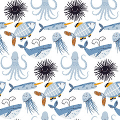 Cute sea life seamless pattern. Cartoon x-ray fish, octopus, jellyfish, urchin, narwhal, whale doodle drawings on white background. Flat ocean and sea animals textile vector print design