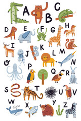 Cute nursery ABC poster with animals vector illustration. Tiger, monkey, yak, elephant, quail, tiger, lion doodle drawings on white background. Flat wild and sea animals, vector alphabet poster