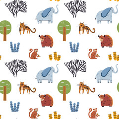 Cute safari animals and nature seamless pattern. Cartoon tiger, monkey, yak, elephant, african plants doodle drawings on white background. Flat wild animals textile vector print design