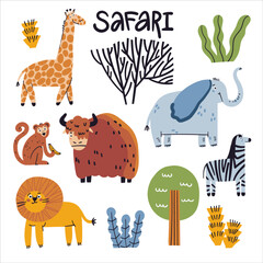 Cute safari animals and nature vector illustration. Cartoon tiger, monkey, yak, elephant, national park plants doodle drawings on white background. Flat wild animals textile vector print design