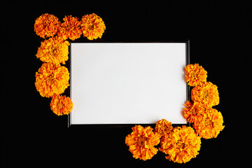 layout of autumn frame with place for text. orange flowers on a black background. simple flat lay invitation or greeting banner mockup