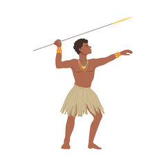 Young African man in traditional national clothes throwing spear cartoon vector illustration