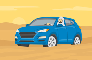 Fototapeta na wymiar Desert driving tips. Happy young arab driver is driving through the sand dunes and looking from the open window. Character looks out the front window. Flat vector illustration template.