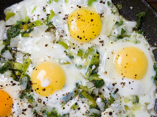Fried eggs in a frying pan on a plank background. Delicious breakfast. View from above