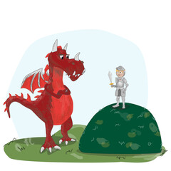 Grumpy dragon with knight