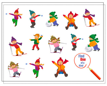 Cartoon illustration of the educational game Find a one-of-a-kind picture with children playing winter games. Vector isolated on a white background