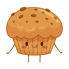 Bakery food cartoon character. Cute muffin with funny smiling face vector illustration