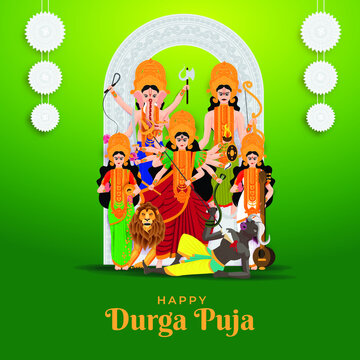 illustration of Goddess Durga with family including Lord Ganesha, Lakshmi, Saraswati, and Kartikeya in Happy Durga Puja Subh Navratri with Green Background
