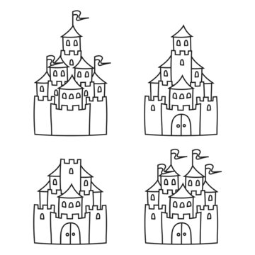 Fairytale castle. Coloring book page for kids. Cartoon style. Vector illustration isolated on white background.