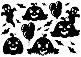 Set of elements for Halloween pumpkins, ghosts, bats. Black silhouette. Design element. Vector illustration isolated on white background. Halloween theme.