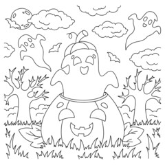 The ghost flies out of the pumpkin. Coloring book page for kids. Cartoon style character. Vector illustration isolated on white background. Halloween theme.