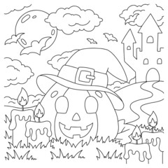 Cheerful pumpkin with a hat. Coloring book page for kids. Cartoon style character. Vector illustration isolated on white background. Halloween theme.