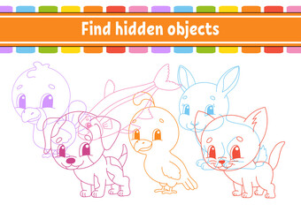 Find hidden object. Education developing worksheet. Activity page with pictures. Color contour. Logical thinking training. Isolated vector illustration. Funny character. Cartoon style.