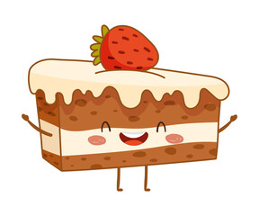 Bakery food cartoon character. Cute cake dessert with funny smiling face vector illustration