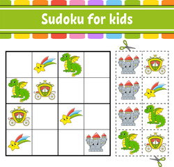Sudoku for kids. Fairytale theme. Education developing worksheet. Activity page with pictures. Puzzle game for children. Isolated vector illustration. Funny character. Cartoon style.