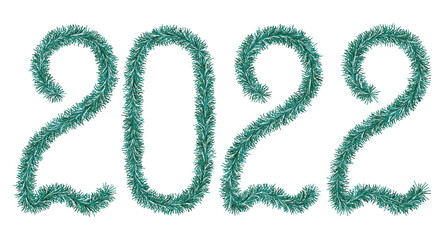Tinsel. 2022. Lettering from a festive Christmas decoration. Fluffy numbers. Green colour. Vector illustration. Isolated white background. Cute plush message. The coming year. Rustling lettering. 