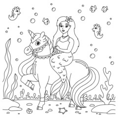 A mermaid rides a unicorn. Coloring book page for kids. Cartoon style character. Vector illustration isolated on white background. © PlatypusMi86