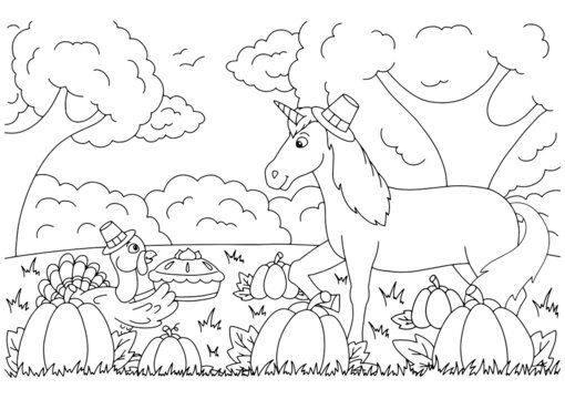 A turkey brings pumpkin pie to a unicorn. Coloring book page for kids. Thanksgiving Day.