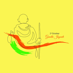 The continuous line drawing concept of Gandhi Jayanti is a national holiday in India celebrated on 2nd October with English calligraphy. Vector illustration for poster and social media creatives.
