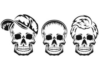 Human skull. Black silhouette. Design element. Hand drawn sketch. Vintage style. Vector illustration.
