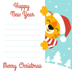 Gift color greeting card. Tiger simbol in a santa hat. Cute cartoon character. Happy New Year and Merry Christmas. Animal holding white blank poster. Flat style. Vector illustration.