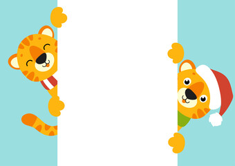 Gift color greeting card. Tiger simbol in a santa hat. Cute cartoon character. Happy New Year and Merry Christmas. Animal holding white blank poster. Flat style. Vector illustration.