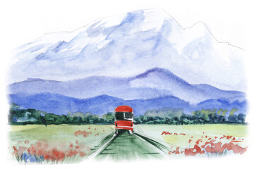 Red bus travels along road in green fields with flowers blooming with red poppies. outside the city against backdrop high chains of blue mountains and green trees. Hand drawn watercolor illustration