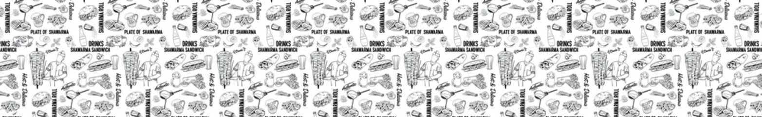Shawarma cooking and ingredients for kebab. Seamless pattern. Vintage design template, banner. Vector.