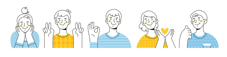 Happy people showing various positive emotions with gestures. Victory fingers, ok sign, clenched fist, thumbs up and heart in hand. Contour illustration isolated on white background.