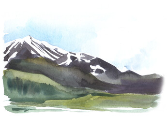 Abstract landscape. A distant high mountain with a snowy peak. Summer Valley. Bright sky before a thunderstorm. Hand drawn watercolor illustration. Integrated into a white backgroun