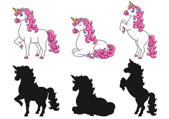 Cute unicorn. Magic fairy horse. Cartoon character. Black silhouette. Colorful vector illustration. Isolated on white background. Design element.