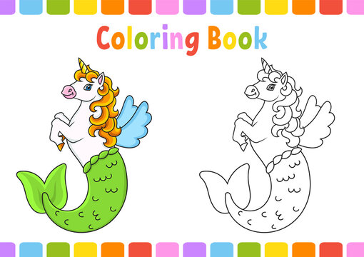 Coloring book for kids. Cute mermaid unicorn. cartoon character. Vector illustration. Fantasy page for children. Black contour. Isolated on white background.