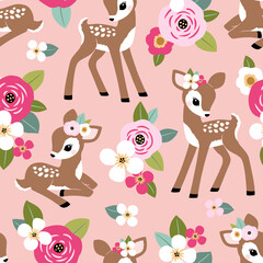 Seamless vector pattern with cute 
vintage fawn on pink floral background. Perfect for textile, wallpaper or print design. 
