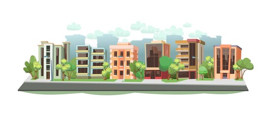 Small town. Beautiful modern buildings among the trees.. Quiet residential area district. Houses along the roads. Cartoon illustration flat style. Vector.