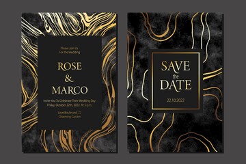 Luxury elegant wedding invitation cards with black, gold and grey marble watercolor texture. Save the date.