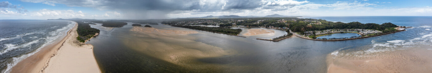Aerial panoramic view of Nambucca Heads, a popular tourist detination in New South Wales, Australia