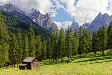 Fototapeta na wymiar Bergwiesen mit alten Holzhütten vor den Gipfeln der Sextner Dolomiten, Pustertal, Alpen, Südtirol, Italien 