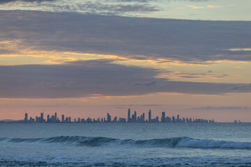 View of the Gold Coast at dusk from Coolangatta Beach in Queensland, Australia