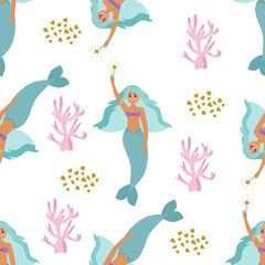 Mermaid sorceress, corals and sand. Seamless pattern on a white background. Marine collection. Vector illustration for printing on paper, fabric, textile packaging.