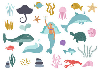 Obraz premium Marine collection. Underwater world of cute inhabitants, mermaid, dolphin, whale, turtle, jellyfish, corals, algae stones, sand, shells, starfish, stingray, crayfish. Vector illustration, isolated.